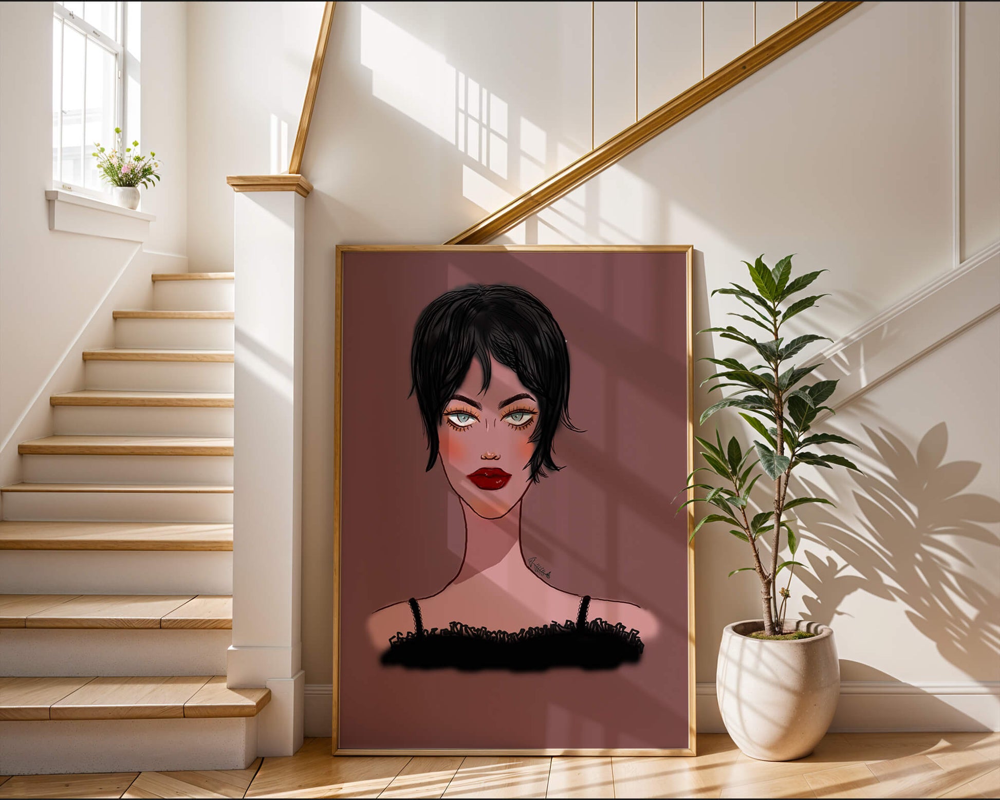 Illustration of a woman with short black hair and striking makeup on a brown background