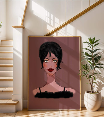 Illustration of a woman with short black hair and striking makeup on a brown background