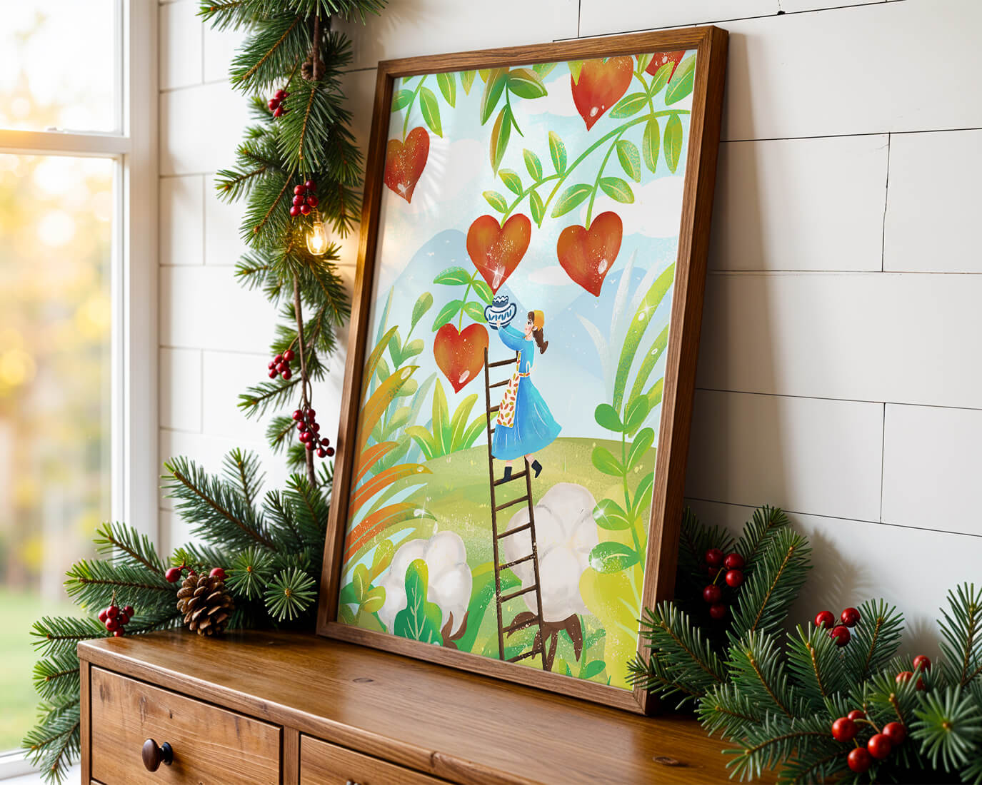 Mujer recolectando frutas en forma de corazón en el vibrante campo