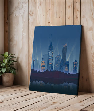 Paisaje urbano moderno con rascacielos iluminados reflejándose en el agua