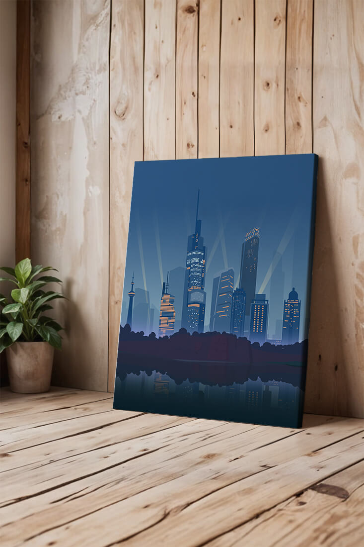 Modern cityscape with illuminated skyscrapers reflecting on water