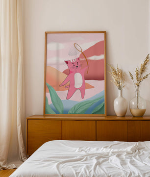 Pink Cat Holding Net in Whimsical Landscape