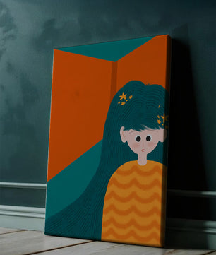 Colorful abstract illustration of a character with teal hair and orange background