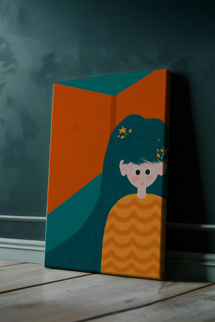Colorful abstract illustration of a character with teal hair and orange background