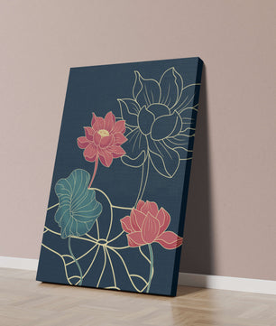 Vibrant Lotus Flowers on Dark Background with Gold Outline
