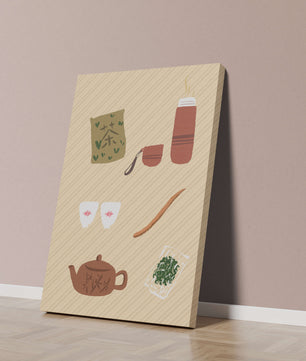 Illustración de un juego de té tradicional con hojas de té y accesorios