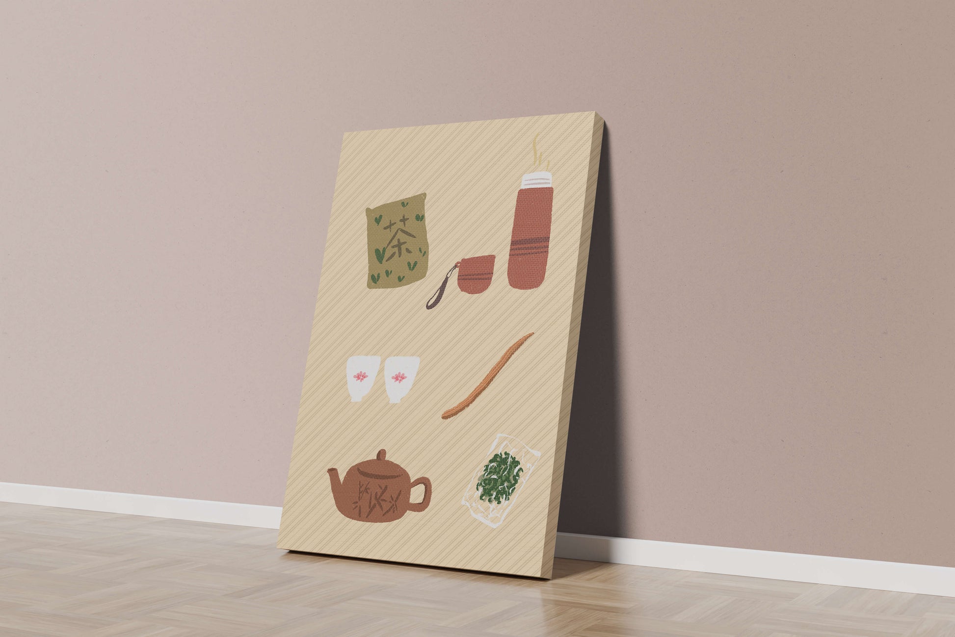 Illustración de un juego de té tradicional con hojas de té y accesorios