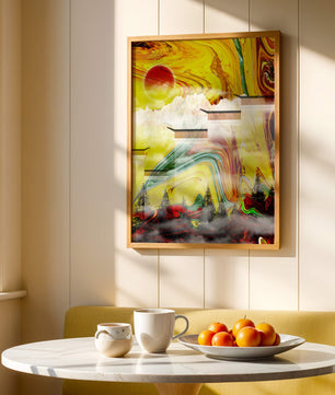 Abstract Landscape with Swirling Colors and Red Sun