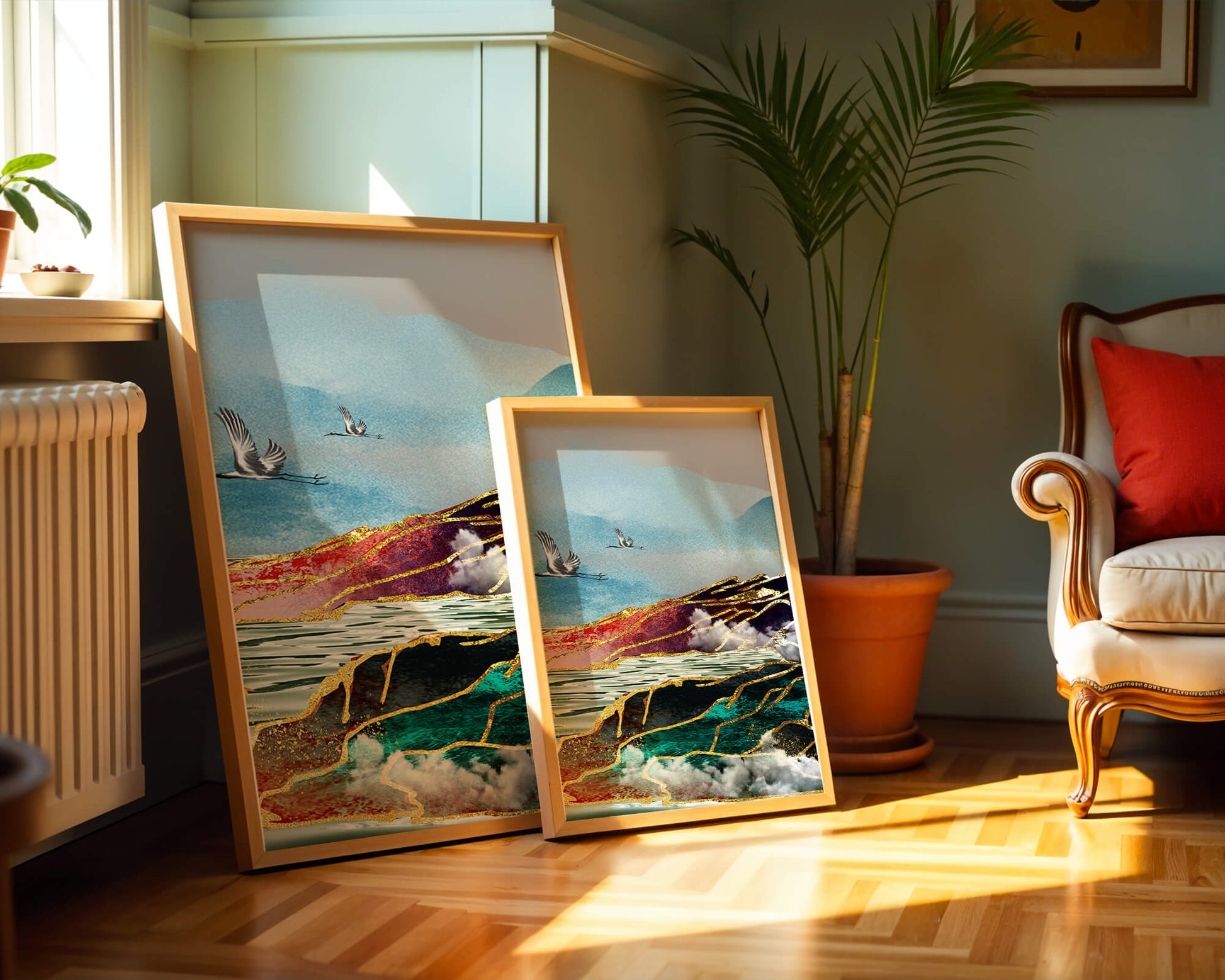 Majestic Landscape With Flying Cranes And Golden Accents