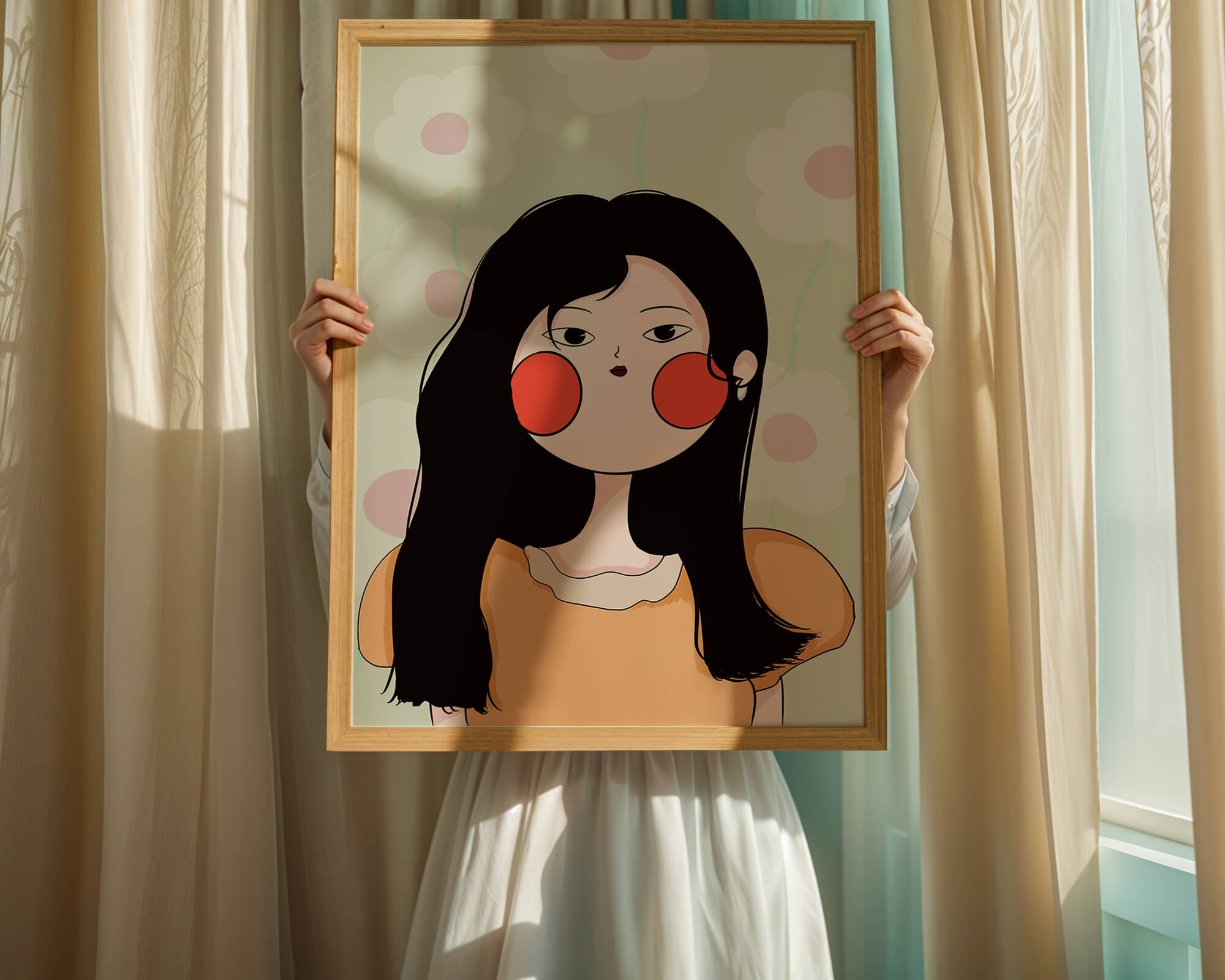 Charming illustration of a young woman with floral background