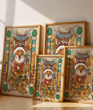 Bunte Illustration eines niedlichen Tieres in traditioneller Festtagskleidung mit goldenen Elementen