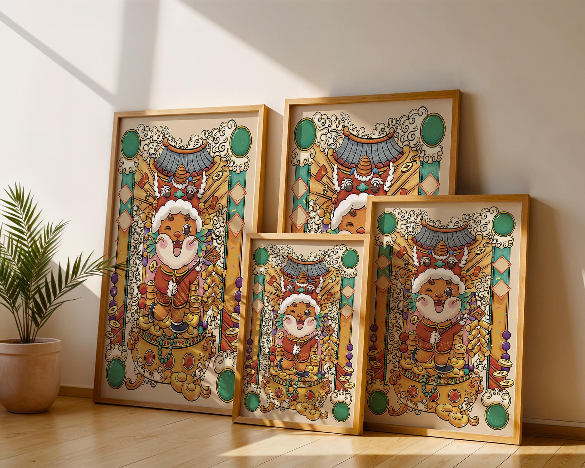 Ilustración colorida de un animal lindo en atuendo festivo tradicional con elementos dorados