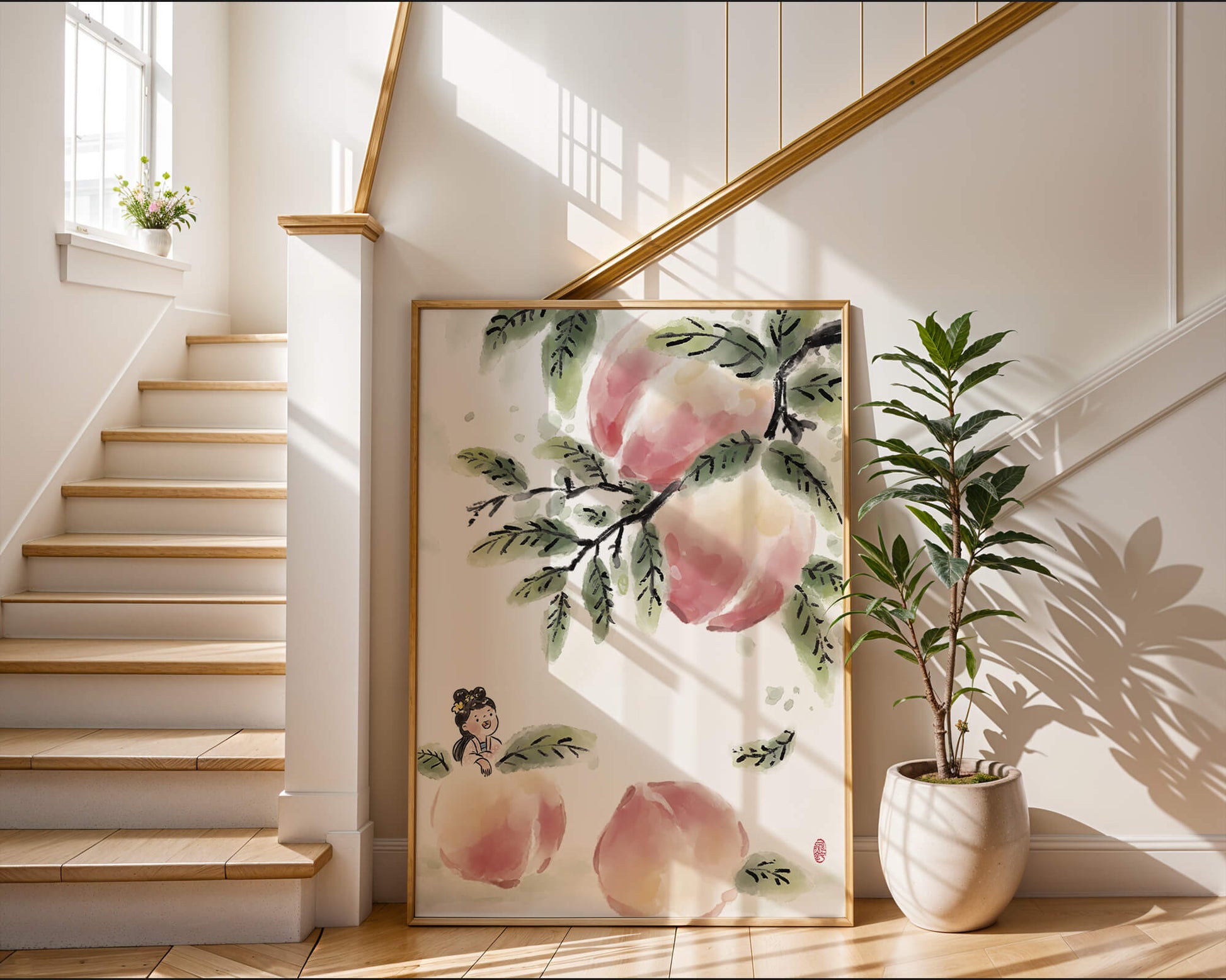 Encantadora ilustración de una chica entre flores de melocotón y hojas verdes