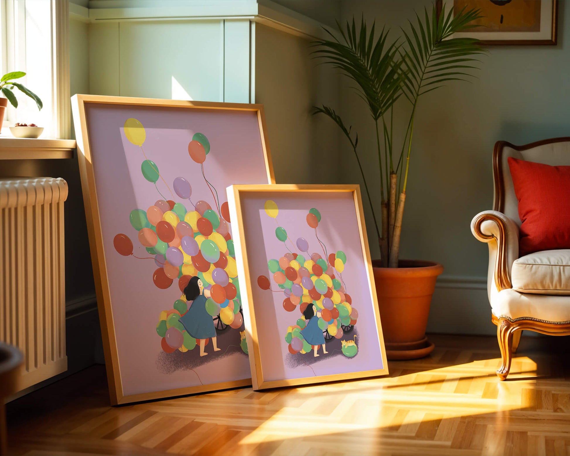 Bunte Luftballons mit einem Kind und einer Katze auf violettem Hintergrund