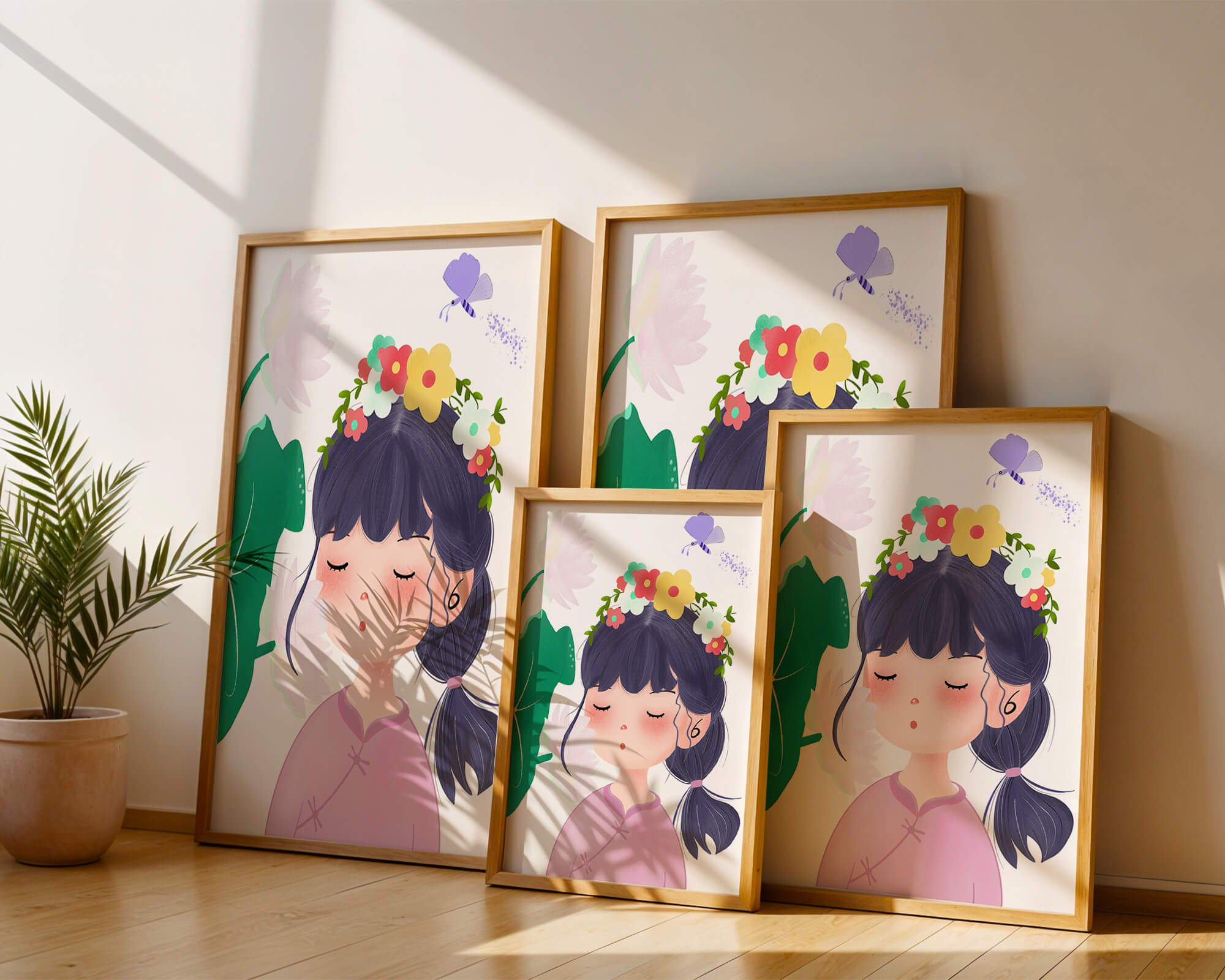 Whimsical illustration of a girl with a flower crown and butterfly