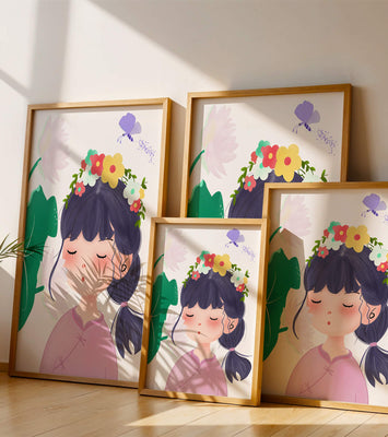 Whimsical illustration of a girl with a flower crown and butterfly