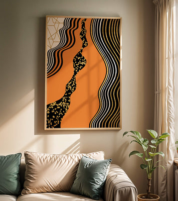 Artistic abstract design with wavy black lines and golden accents
