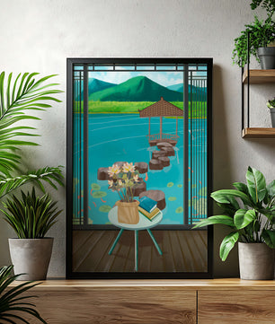 Scenic view from a room overlooking a tranquil water garden with stepping stones and mountains