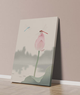 Dragonflies on a Lotus Bud with Serene Landscape
