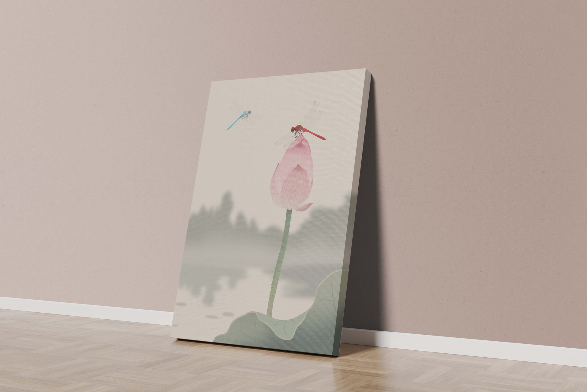 Libélulas sobre un capullo de loto con paisaje sereno