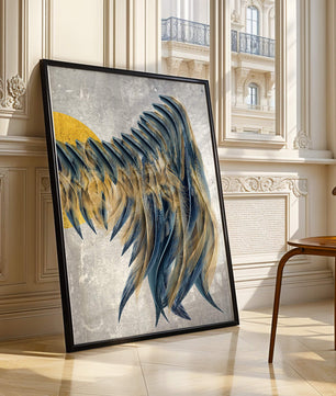 Abstract Composition with Blue and Gold Accents on Textured Background