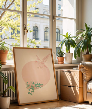 Pájaro pastel con elementos florales en estilo minimalista