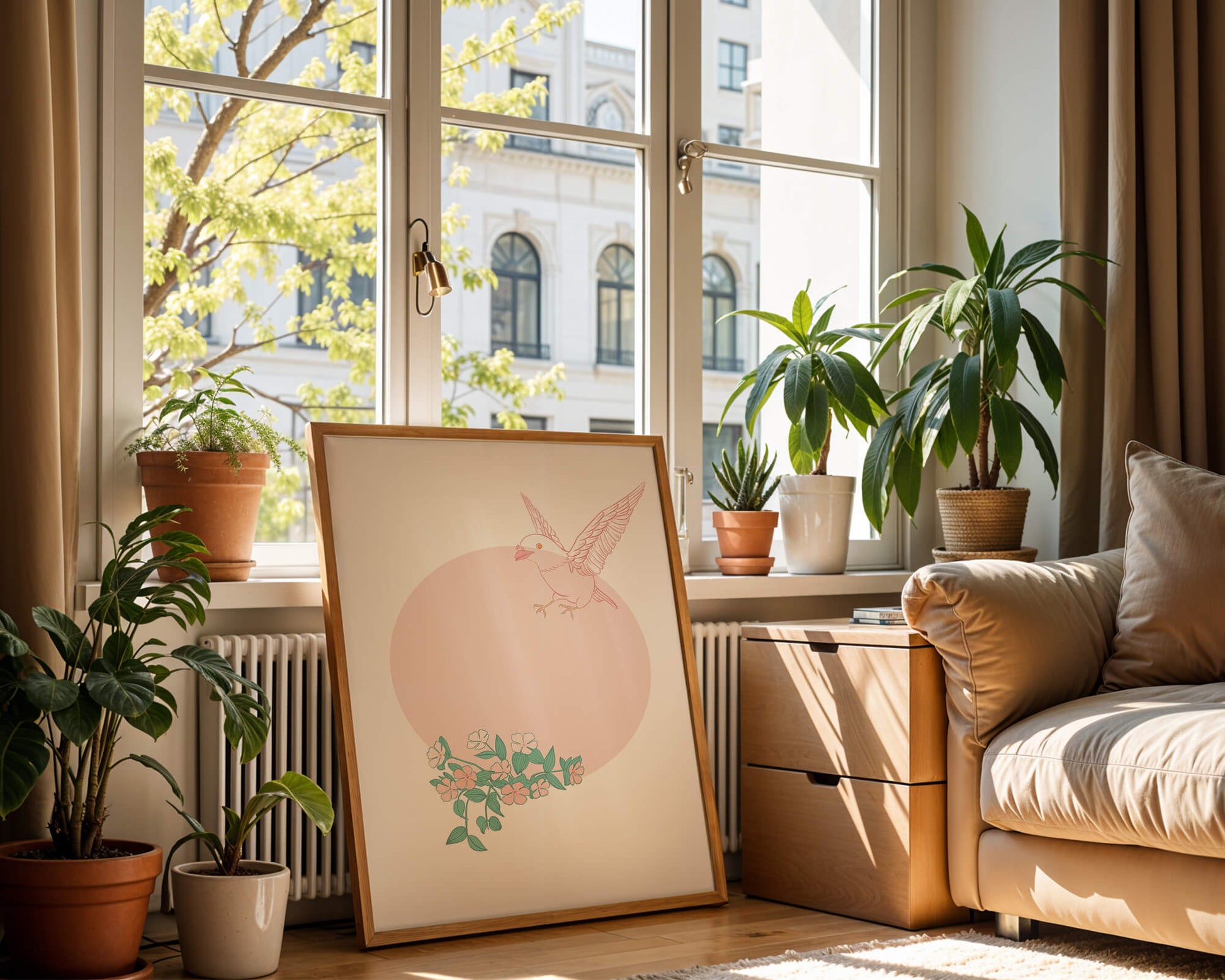 Pájaro pastel con elementos florales en estilo minimalista