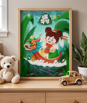 Illustration de la fête des bateaux-dragons avec un enfant et un bateau-dragon