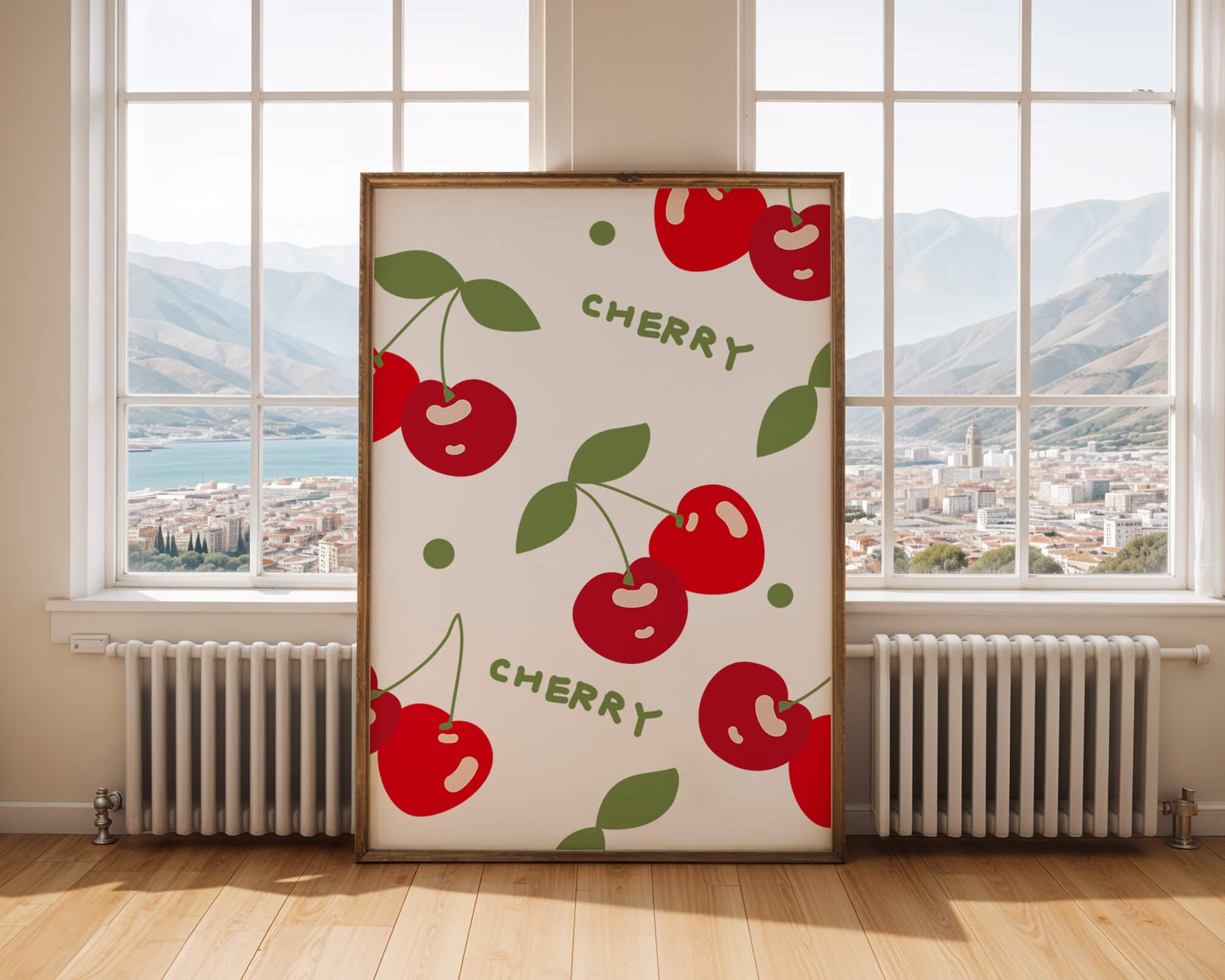 Cherry pattern on black background with green leaves