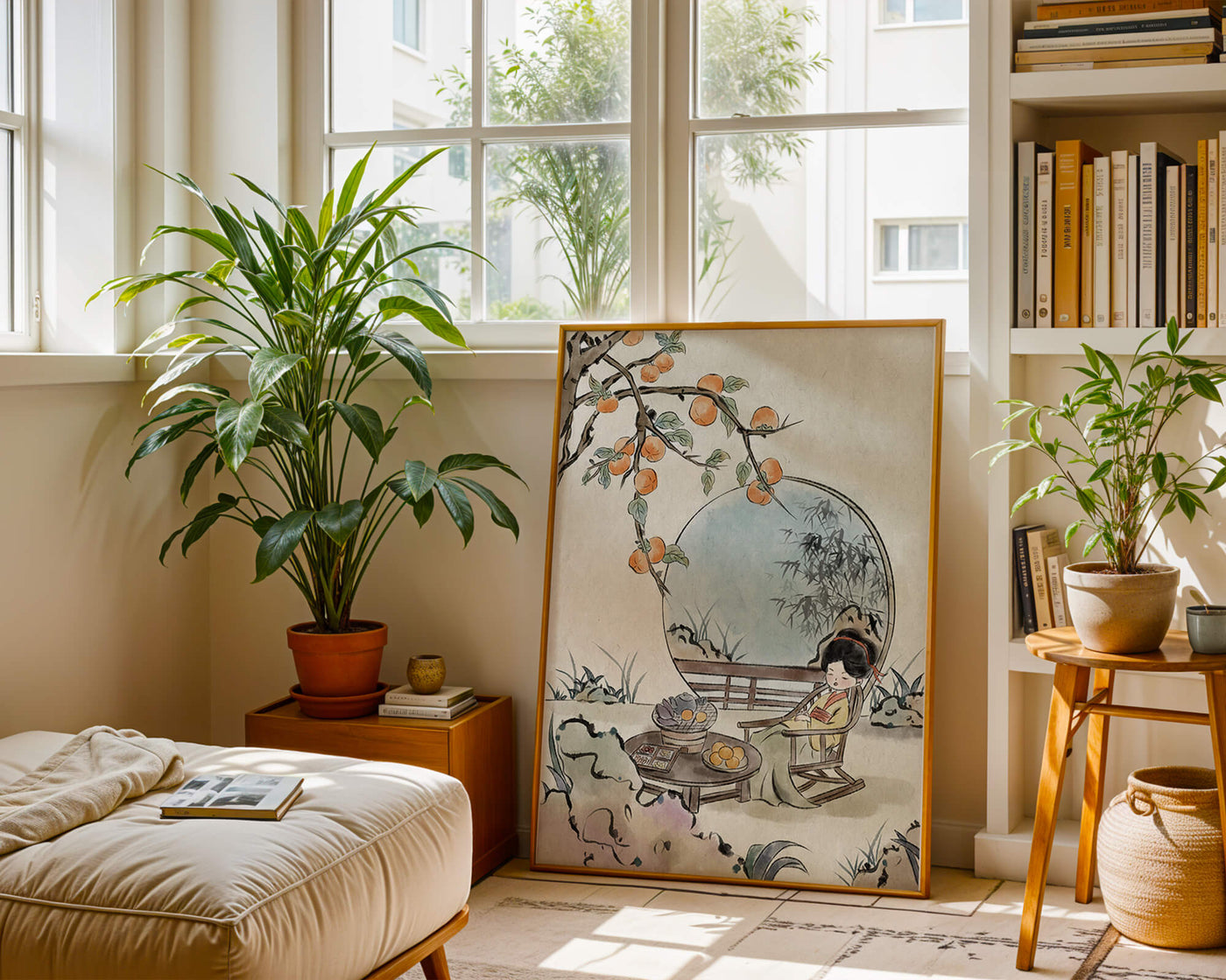 Tranquil garden scene with persimmons and serene figure