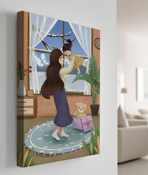 Mother and child bonding in a vibrant living room