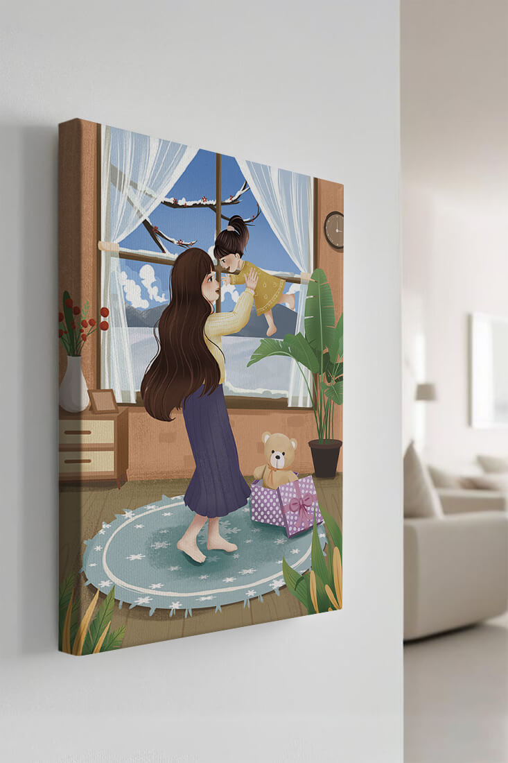Mother and child bonding in a vibrant living room