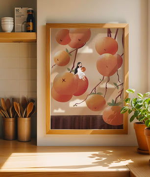 Whimsical illustration of girl with giant oranges and branches