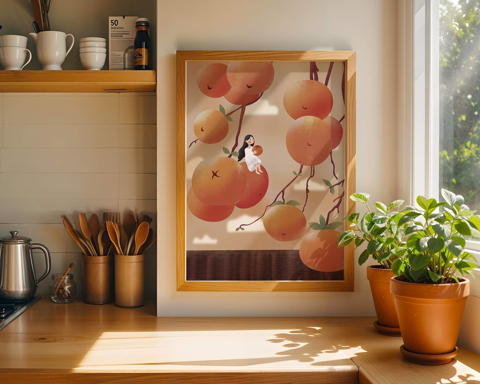 Whimsical illustration of girl with giant oranges and branches