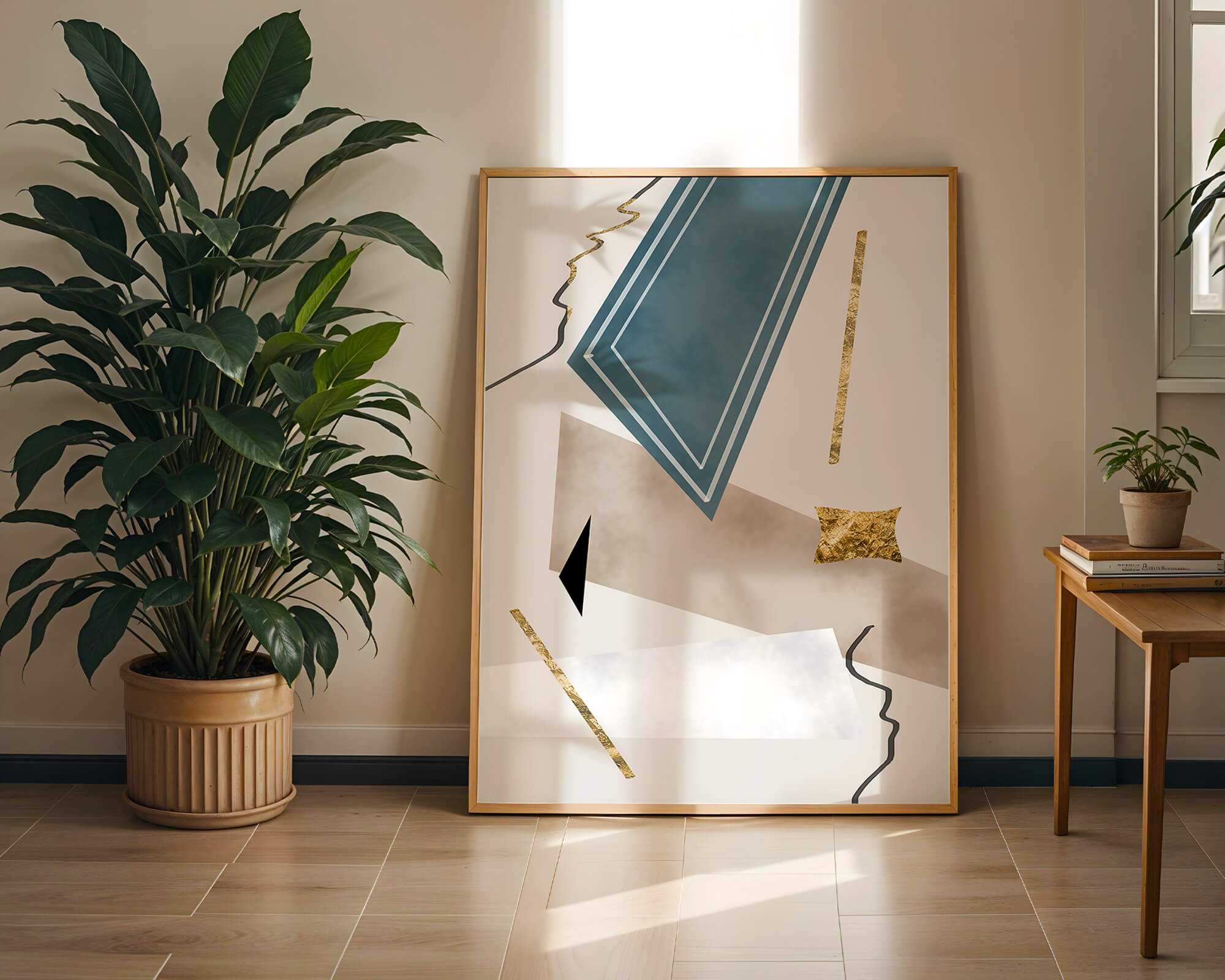 Abstract geometric artwork with gold accents and dynamic shapes