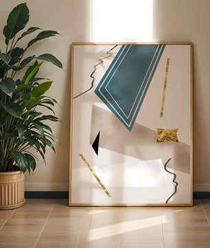 Abstraktes geometrisches Kunstwerk mit goldenen Akzenten und dynamischen Formen