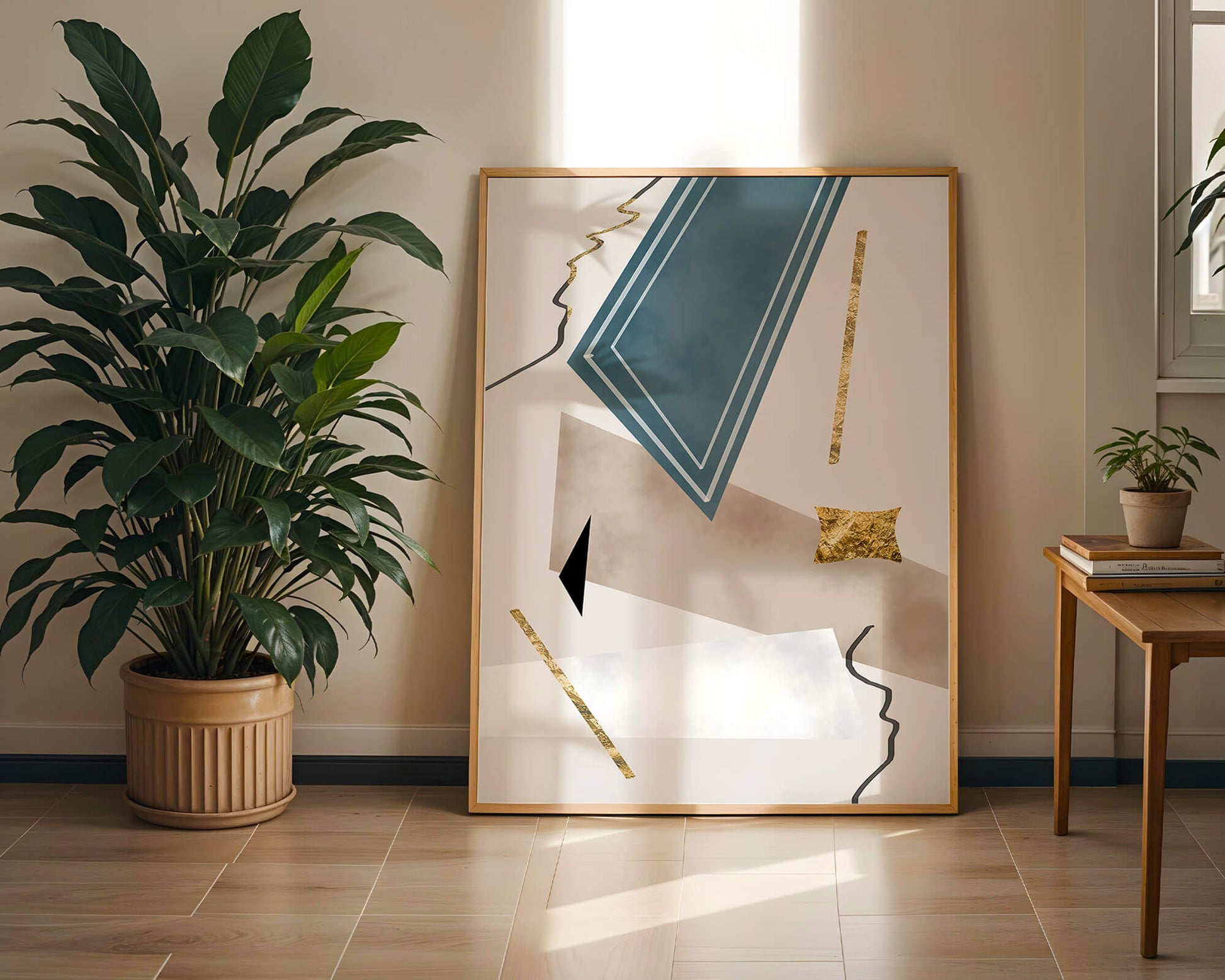 Abstract geometric artwork with gold accents and dynamic shapes