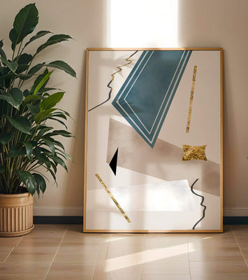 Abstract geometric artwork with gold accents and dynamic shapes