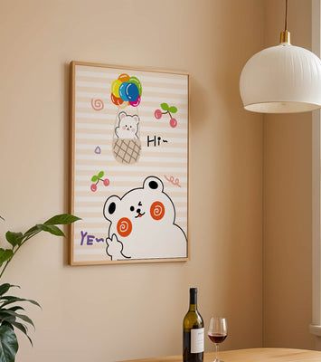 Adorable bears with colorful balloons and cherries on striped background