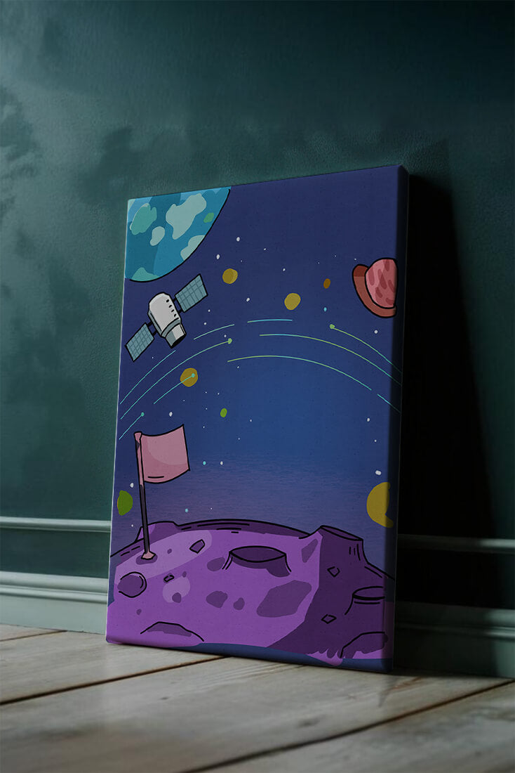 Illustration of outer space scene with planets and satellite