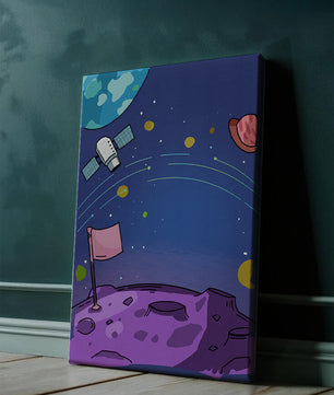 Illustration of outer space scene with planets and satellite