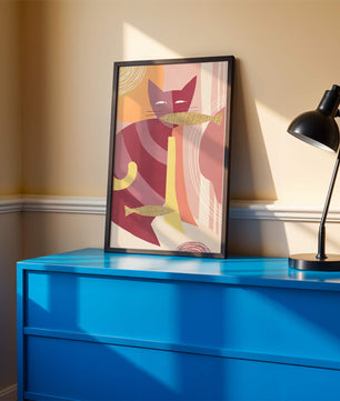 Abstract cat artwork with gold accents and colorful patterns