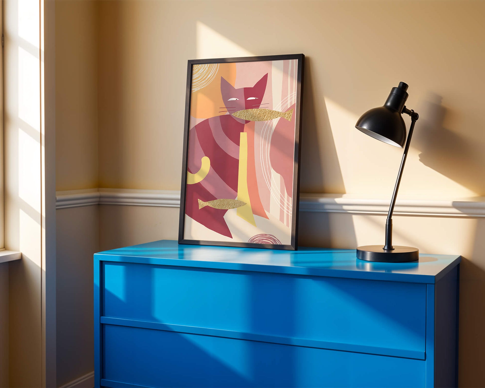 Abstract cat artwork with gold accents and colorful patterns