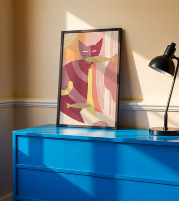 Abstract cat artwork with gold accents and colorful patterns