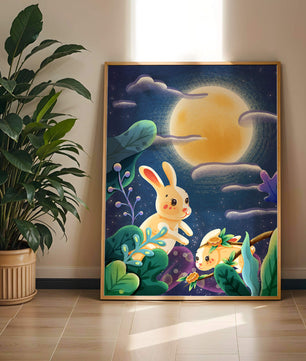 Charming illustration of rabbits under a full moon in a vibrant night garden