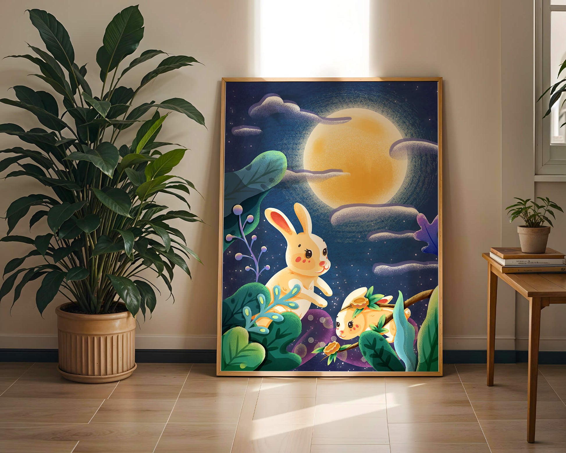 Charming illustration of rabbits under a full moon in a vibrant night garden