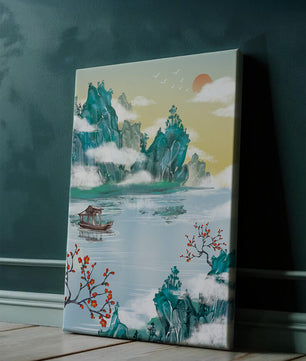 Serene lake scene with traditional boat and mountains under morning sun