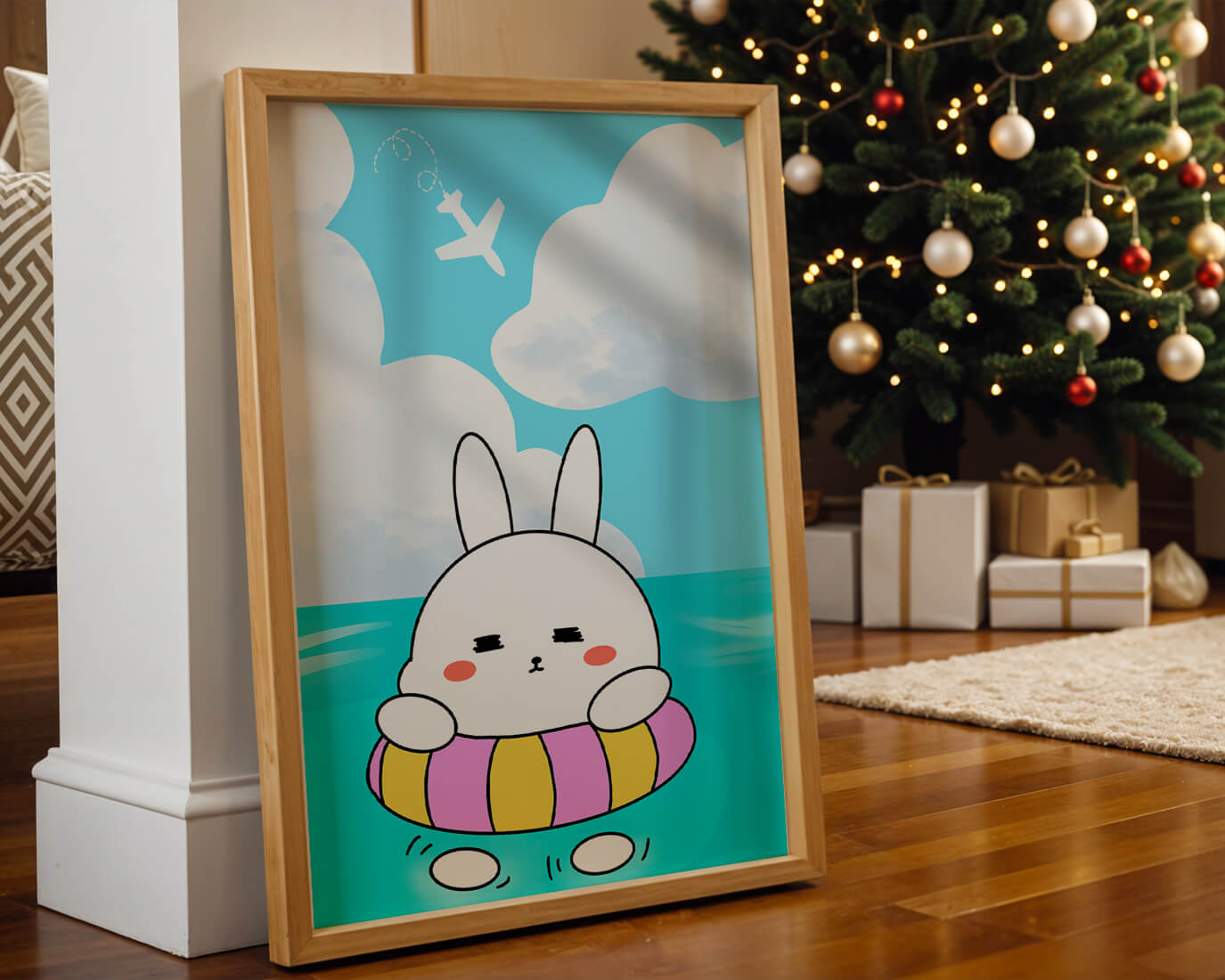 Illustration of a cute bunny floating on a colorful inflatable in a blue ocean under a bright sky with an airplane