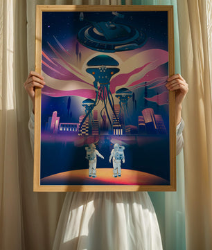 Futuristic Space City With Alien Creatures and Astronauts