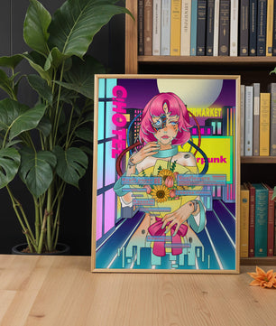 Mujer ciberpunk futurista con un ramo de flores en un paisaje urbano de neón